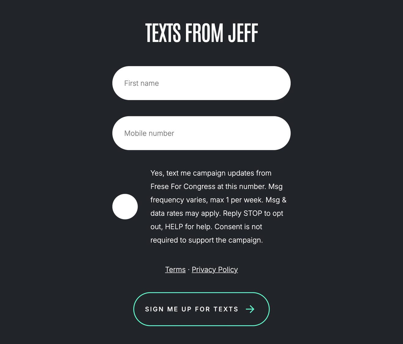 Stay in the loop form: first name and email required, mobile number optional, optional unchecked SMS consent box with disclosures, Terms and Privacy Policy links
